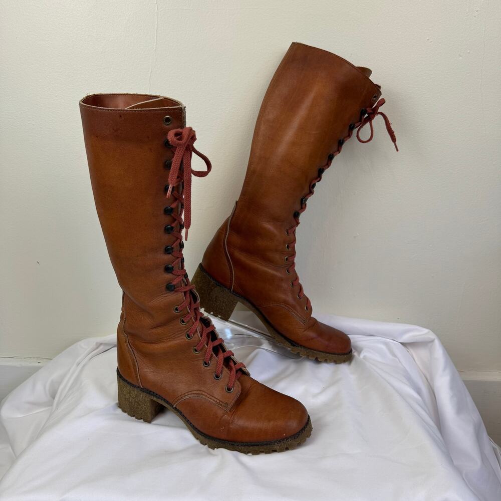 Vtg FRYE 60s 70s Women's 10 B Boots Brown Leather Lace Up Campus Stacked Heel